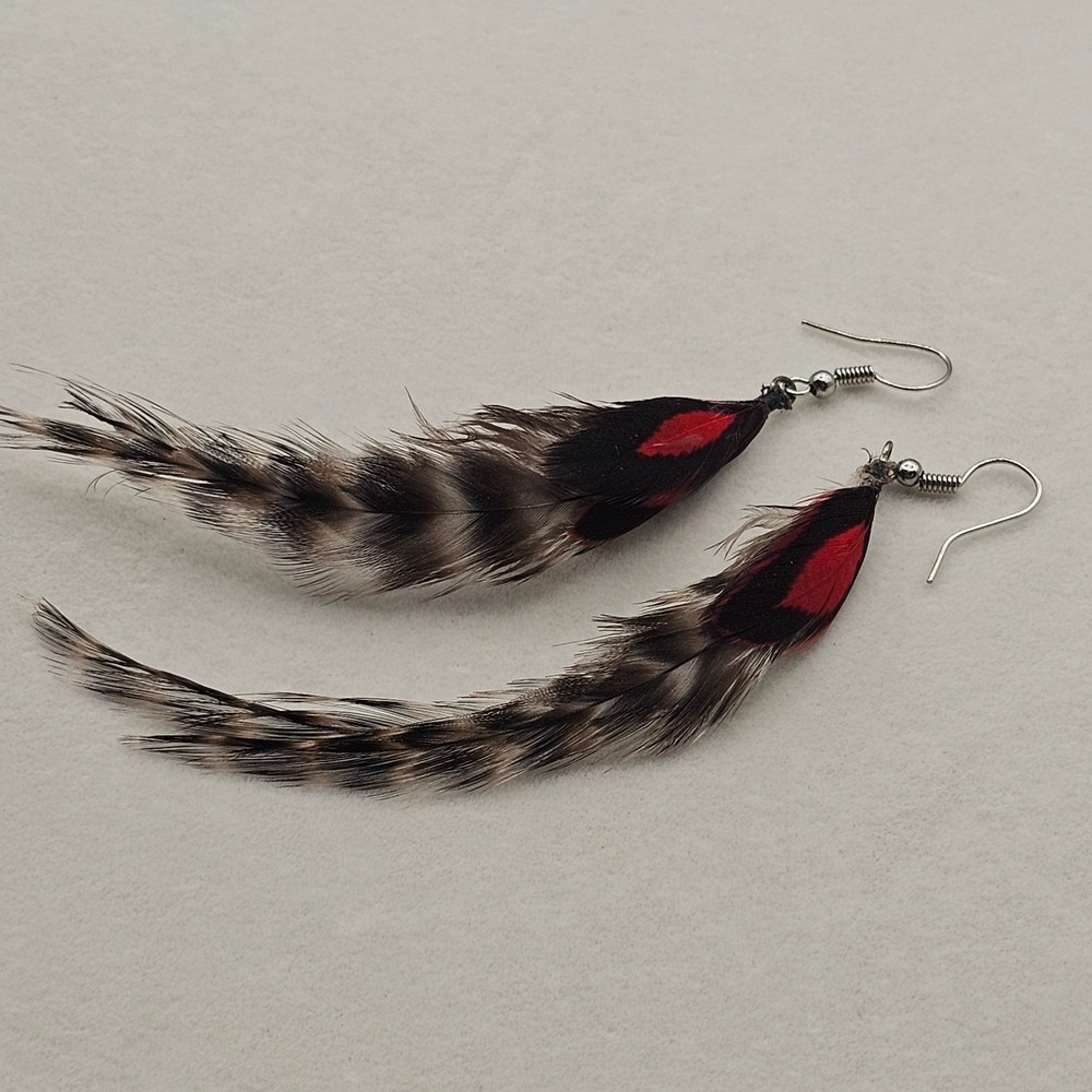 Feather Dangle Earrings‎ 4"+ Brown Red Grizzly Striped Boho Chic Tribal Western - Picture 4 of 12